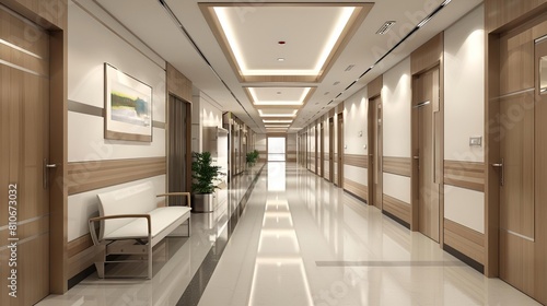 Modern hospital hallway emphasizing clean and efficient design