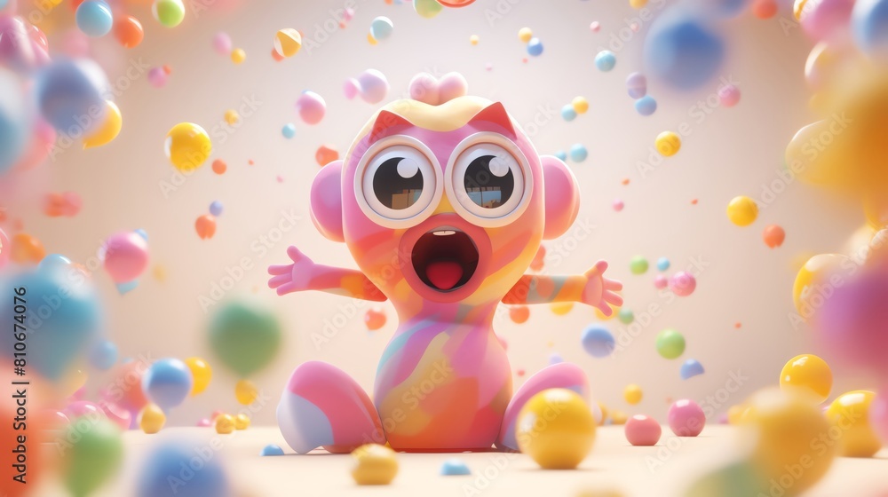 Fototapeta premium A cute and colorful 3D rendered image of a cat surrounded by pastel-colored balls. The cat has its mouth open in an expression of surprise.