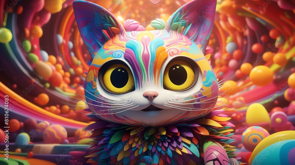 Naklejka premium A digital painting of a cat wearing a rainbow-colored wig and a tutu, with big anime eyes