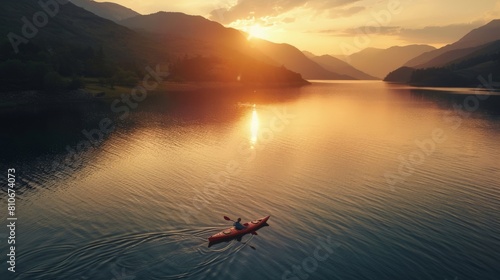 Aerial drone view showing a young person as they kayaks across mountain lake at sunrise 
