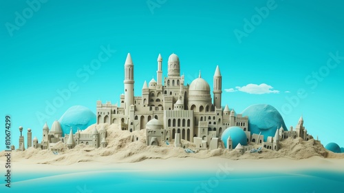 Amazing sandcastle on the beach with blue sky and ocean in the background. © Jenjira
