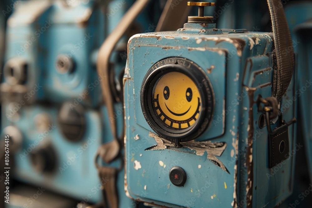 Backdrop of blue-gray, retro-assembled cameras. Generative Ai