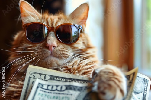 Stylish cat with sunglasses and money, humorous take on wealth and success photo