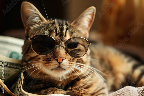 Stylish cat with sunglasses and money, humorous take on wealth and success photo