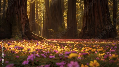 W lesie pełnym drzew i kwiatów w Kalifornii można zobaczyć niesamowity widok na starożytny las sekwoi photo