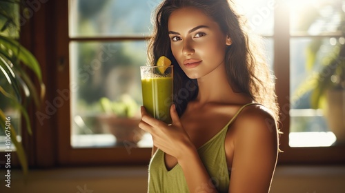 woman holding a vibrant green detox smoothie in her hand,  photo