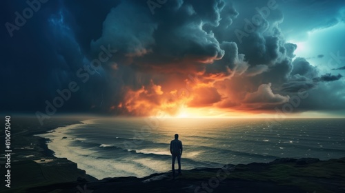 A silhouette of a person standing on a clifftop  watching a thunderstorm rage over the ocean below. 