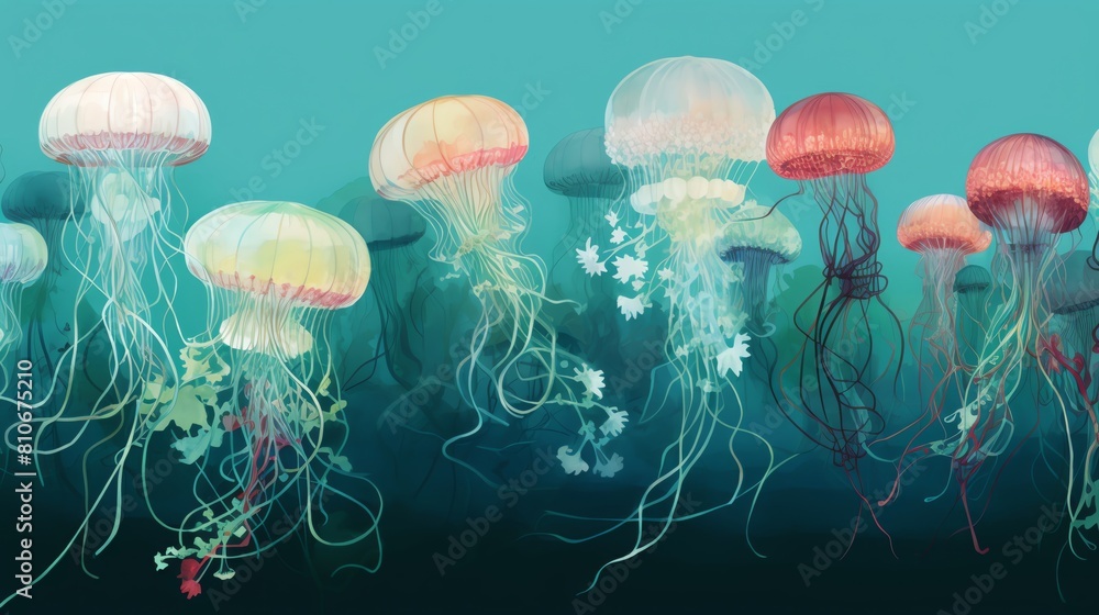 The image shows a group of jellyfish swimming in the ocean The image shows a group of jellyfish swimming in the ocean