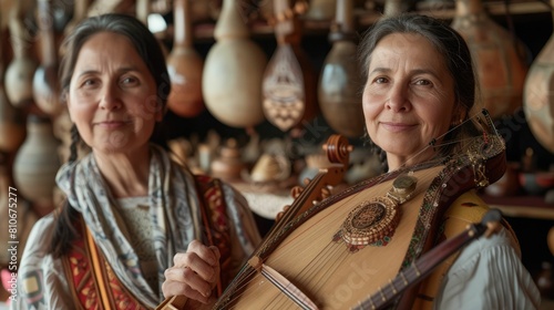 The picture of the ethnomusicologist holding the traditional guitar inside workshop that has been filled with musical instrument, ethnomusicologist require knowledge of world music and culture. AIG43. photo