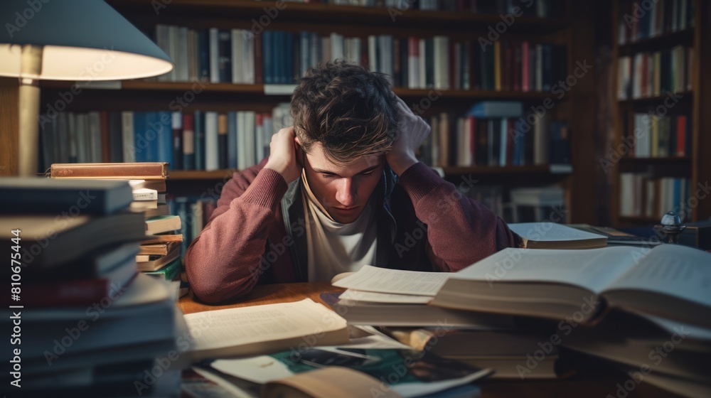 A stressed Gen Z student sitting at a desk, A stressed Gen Z student sitting at a desk,