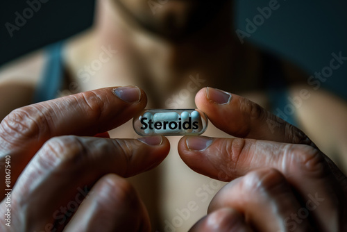 Muscular man holds a pill labeled  steroids  between his fingers.
