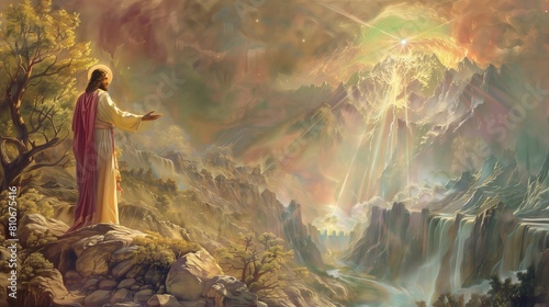 Jezus Chrystus stoi na szczycie góry, otoczony malowniczym krajobrazem. Jego postać dominuje nad panoramicznym widokiem, emanując siłą i majestatem