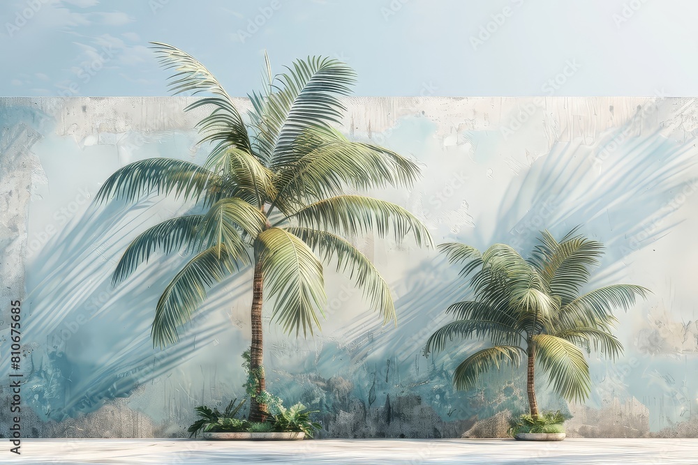 Two palm trees in front of the concrete wall.