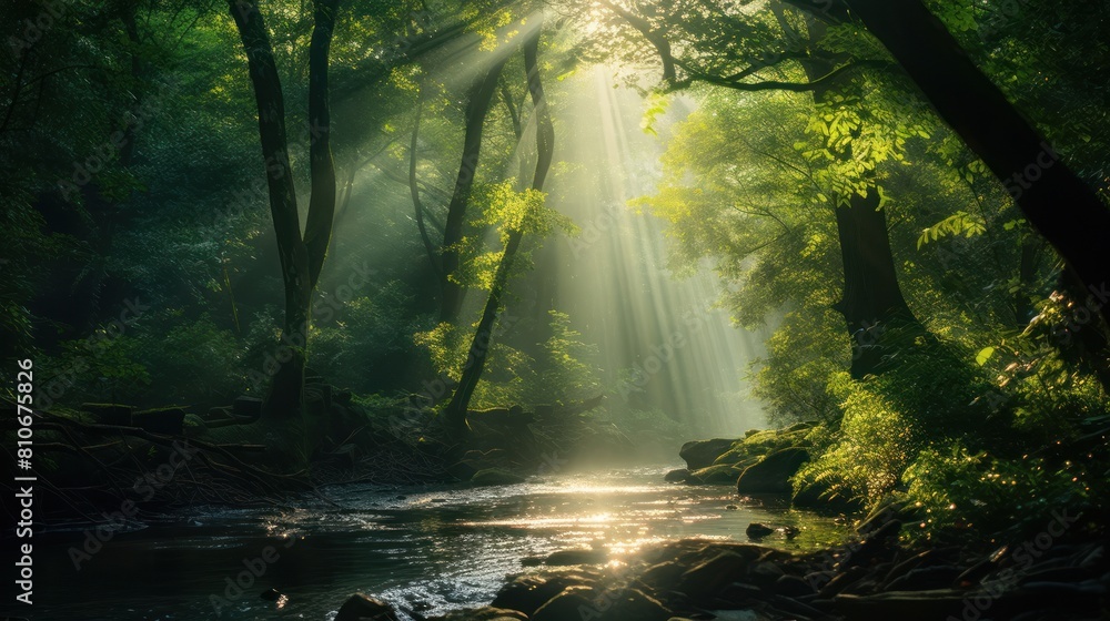 A vibrant sunbeam streaming through a dense forest canopy, A vibrant sunbeam streaming through a dense forest canopy,