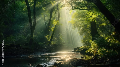 A vibrant sunbeam streaming through a dense forest canopy 