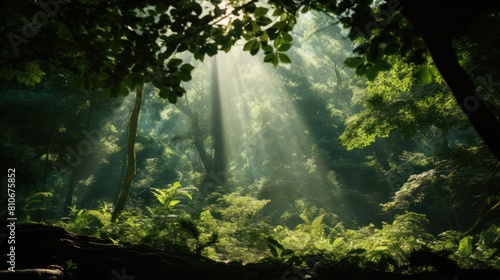 A vibrant sunbeam streaming through a dense forest canopy 