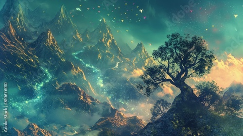 Malowidło przedstawia drzewo rosnące pośrodku góry, otoczone przez piękny krajobraz górski. W tle widać niesamowity widok photo