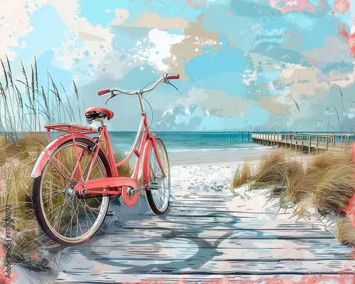 The red bicycle stands on the wooden path by the sea.
