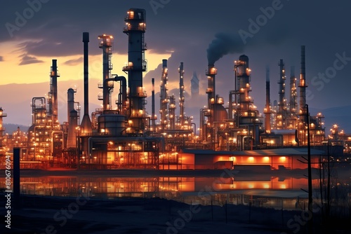 Oil refinery at night with bright lights and smoke coming out of the smokestacks.