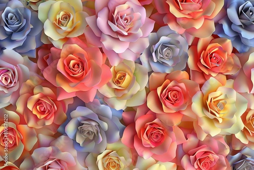 Vibrant  multicolored 3D roses arranged in a seamless pattern  creating a lively and engaging template for spring fashion or floral stationery designs