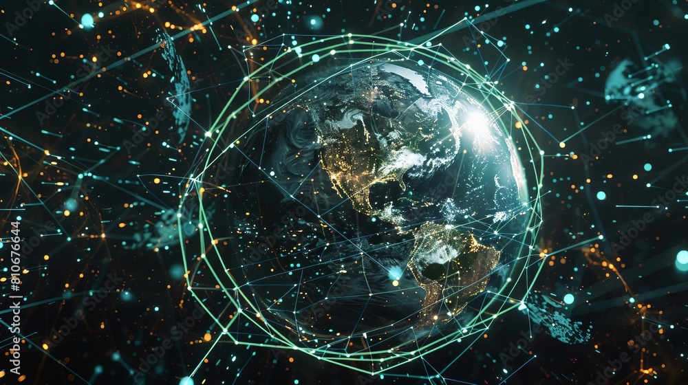 Obraz premium Visualization of global data exchange over a digital Earth model