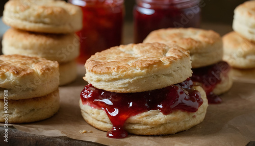 flaky buttermilk biscuits with strawberry jam photo
