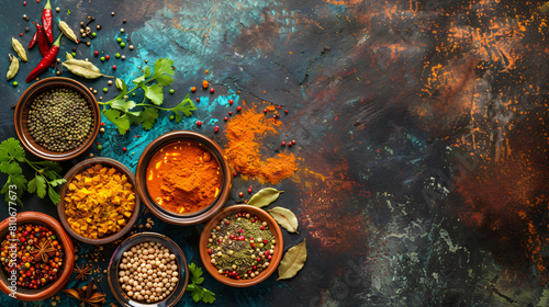 Traditional Indian food and spices on color background
