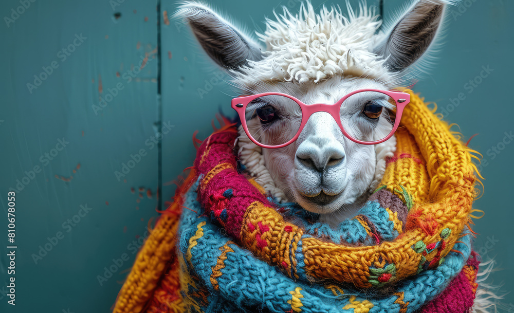 Portrait of an alpaca wearing pink glasses and colorful scarf, solid background. Created with Ai