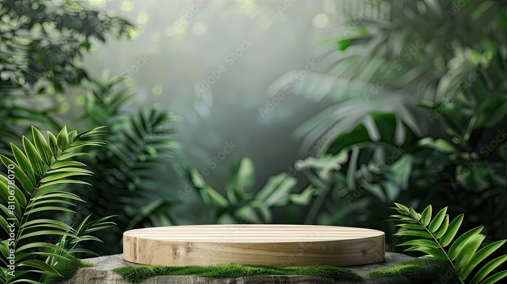 Wooden podium in green tropical garden. Wooden podium in green tropical garden.