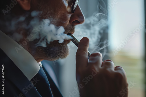 Businessman in suit smoking electronic cigarette, close-up