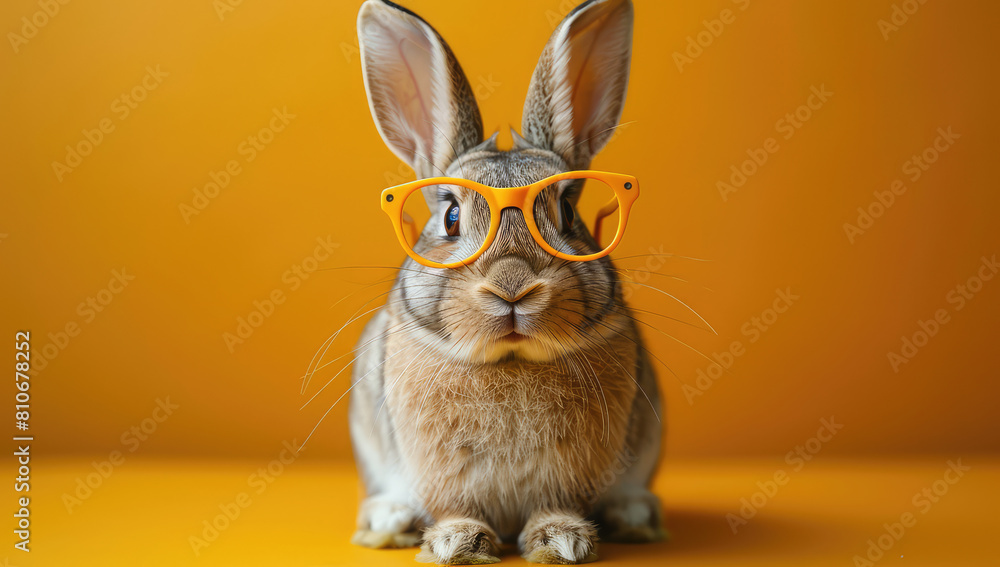 Cute brown rabbit with yellow glasses on isolated background, closeup portrait. Created with Ai 