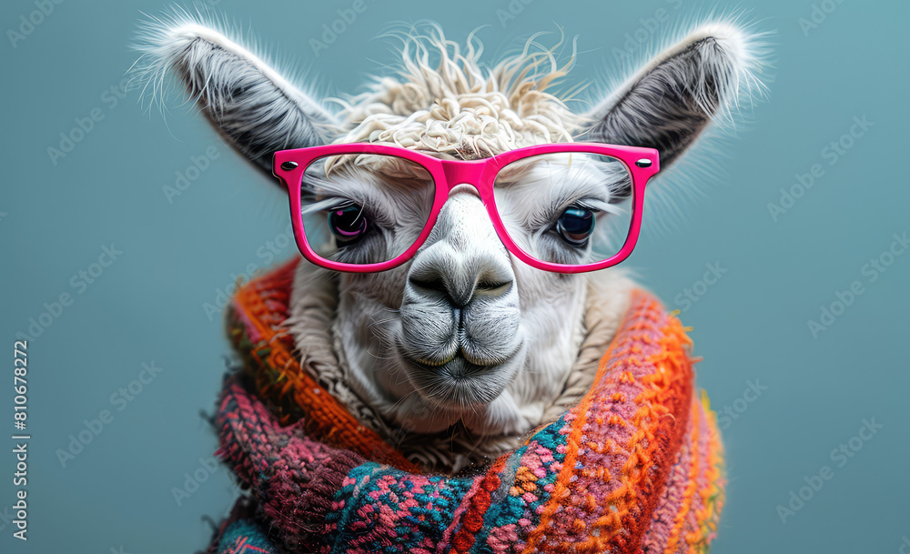 A cute alpaca with pink glasses and colorful scarf. Created with Ai