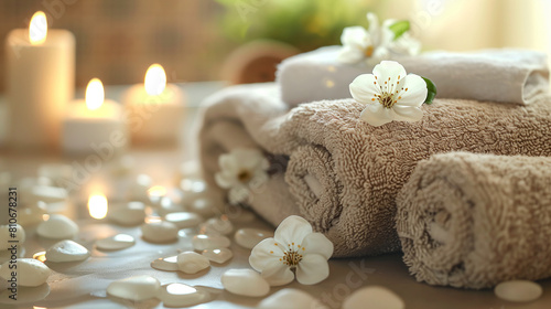 The towels are arranged in a tidy pile  ready for use in a spa  recreation center  or beauty salon