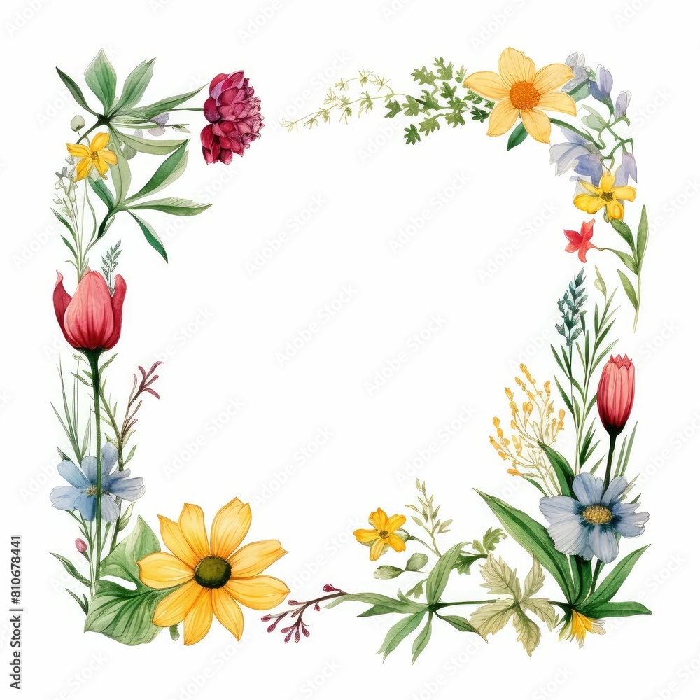 wildflower themed frame or border for photos and text. featuring a mix of colorful blooms and greenery. watercolor illustration, Botanical illustration for design, print or background.