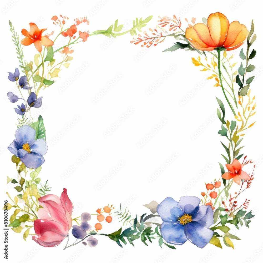 wildflower themed frame or border for photos and text. featuring a mix of colorful blooms and greenery. watercolor illustration, Botanical illustration for design, print or background.