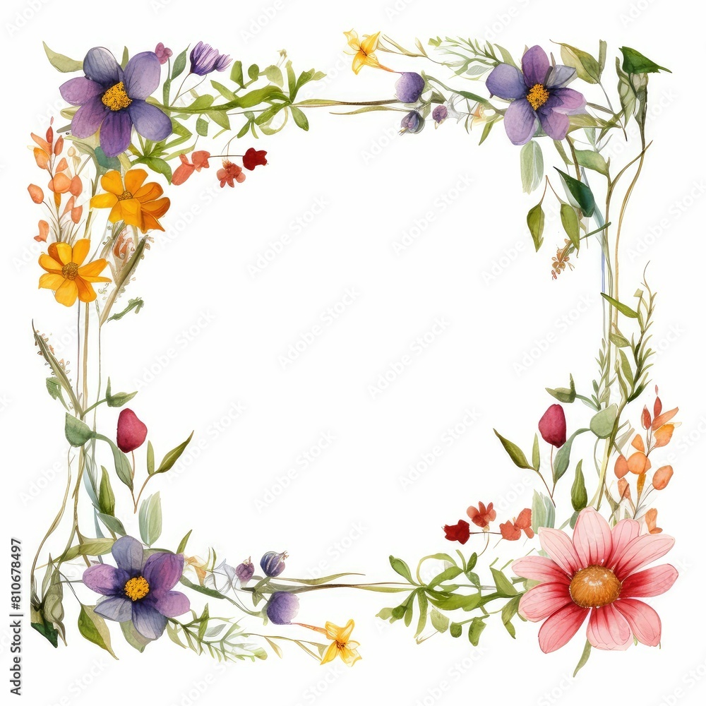 wildflower themed frame or border for photos and text. featuring a mix of colorful blooms and greenery. watercolor illustration, Botanical illustration for design, print or background.
