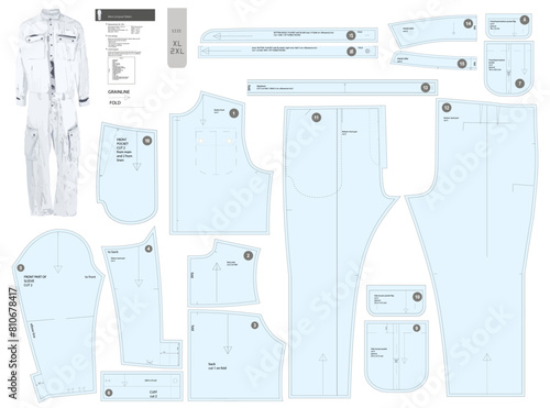 Detailed vector sewing pattern for a men jumpsuit, sizes XL to 2XL. Features collar-stand, two-piece sleeves, cuffs, button placket, and multiple pocket styles. Includes all allowances.