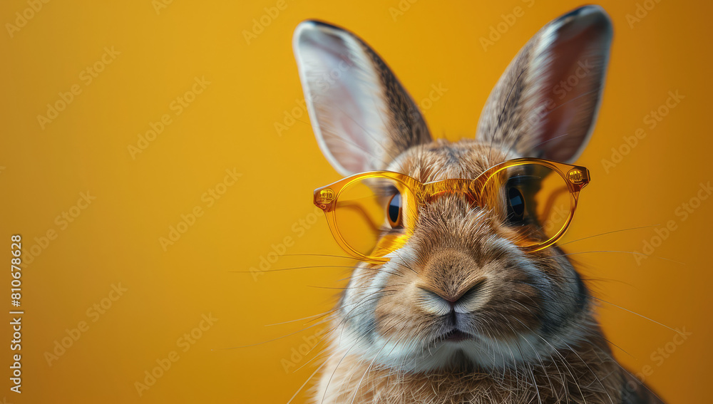 A cute rabbit wearing glasses against an isolated yellow background. Created with Ai