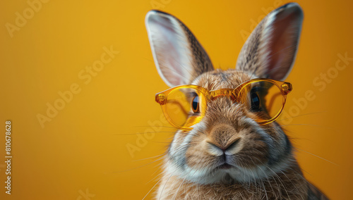 A cute rabbit wearing glasses against an isolated yellow background. Created with Ai