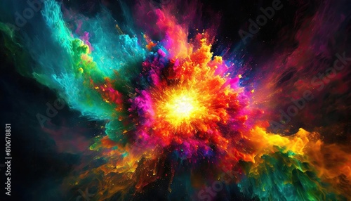 Big bang colorful smoke and powder on black background.