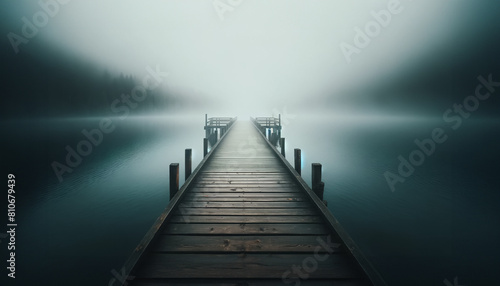 AI-generated image of a wooden dock on a quiet lake.
