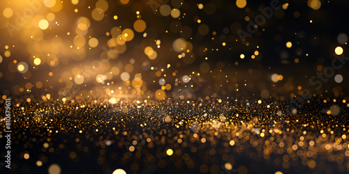 Abstract luxury gold background with gold particles. glitter vintage lights background. Christmas Golden light shine particles bokeh on dark background.