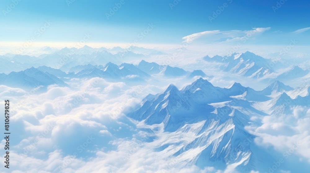 a snow-capped mountain range piercing the clouds, 