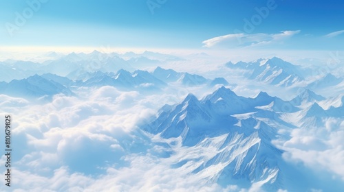 a snow-capped mountain range piercing the clouds, 