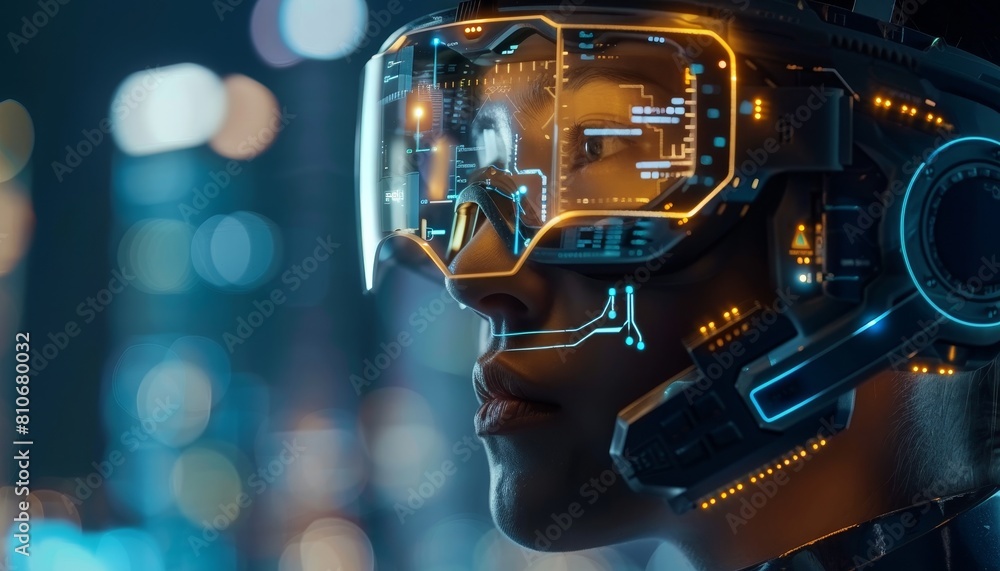 A woman is wearing virtual reality goggles and looking at a cityscape by AI generated image A woman is wearing virtual reality goggles and looking at a cityscape by AI generated image