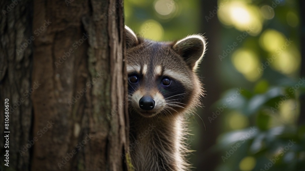 A curious raccoon peeking out from behind a tree in a lush forest.