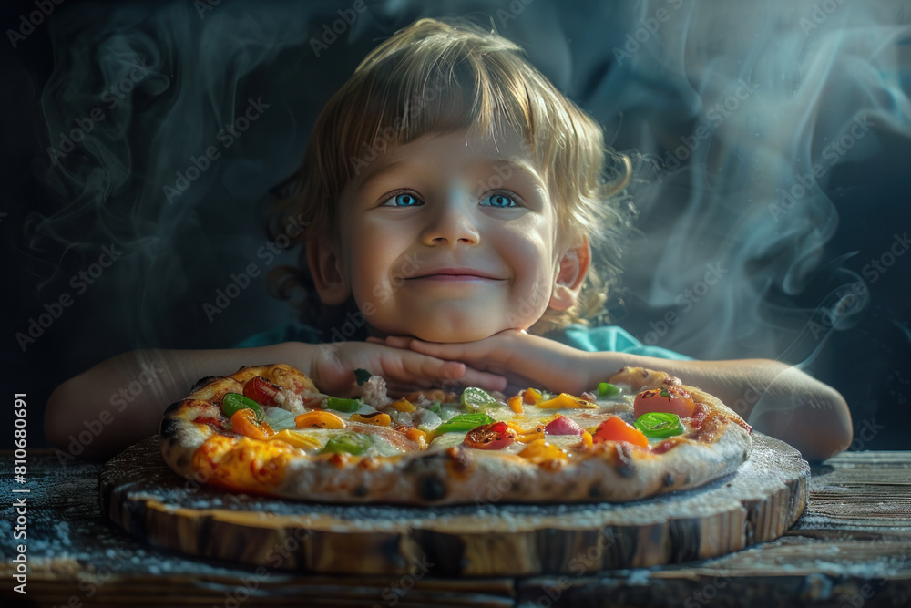 A happy young child with curly hair, smiling broadly as they enjoy a fresh, colorful pizza in a cozy setting A happy young child with curly hair, smiling broadly as they enjoy a fresh, colorful pizza in a cozy setting