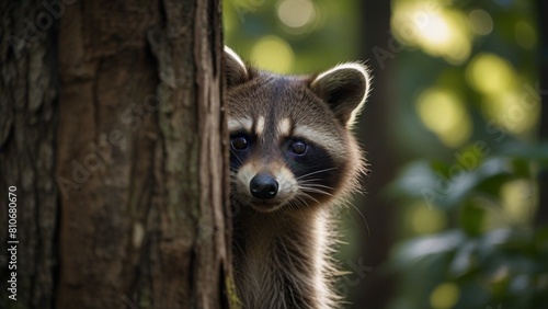 A curious raccoon peeking out from behind a tree in a lush forest. photo