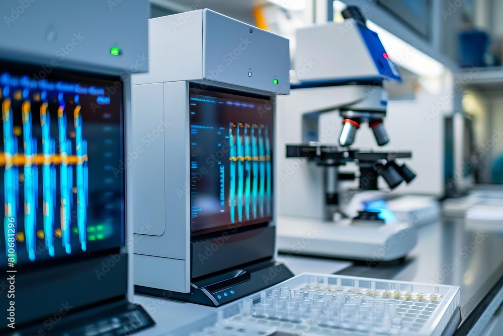 Advanced DNA sequencing technology in a research lab Advanced DNA sequencing technology in a research lab