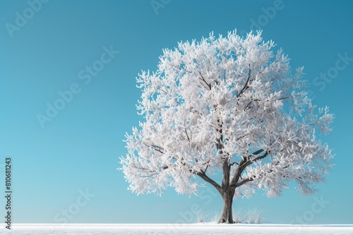 A tree covered in snow is standing in a field